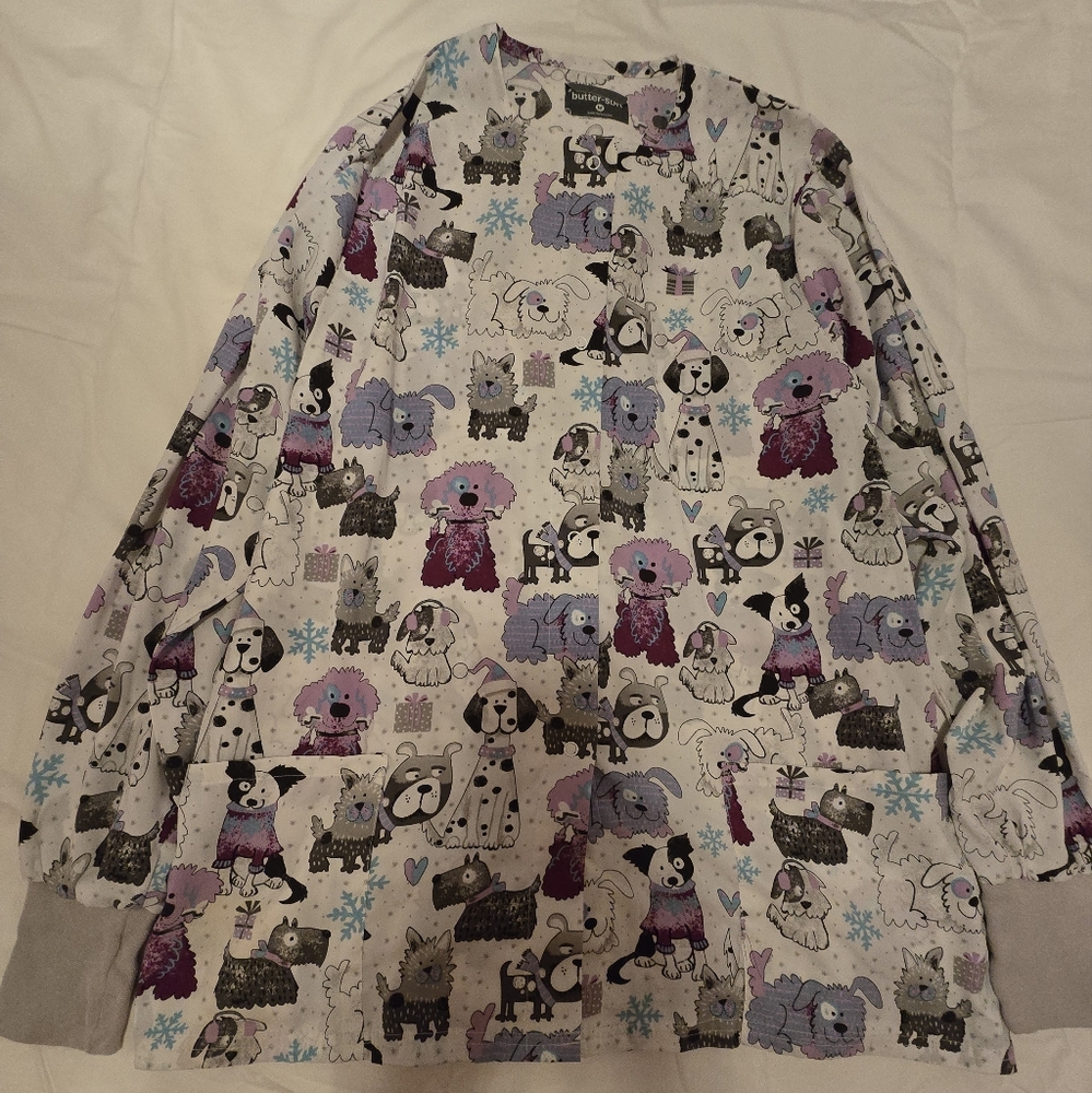 Colorful Dog Print Long Scrub Top